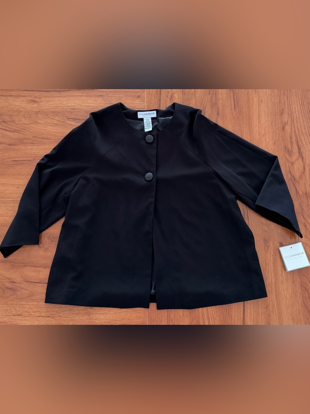 Sag Harbor Women's Black Lined Button Front Jacket 3/4 Sleeve Size 14